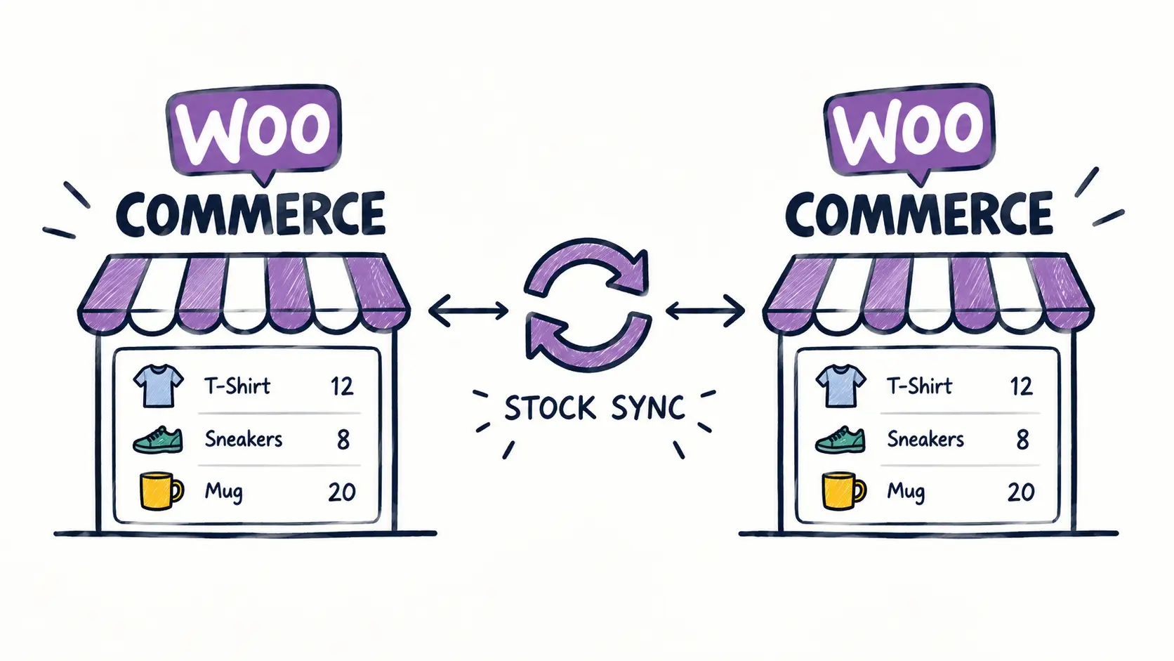 A hand drawn diagram of two WooCommerce stores being kept in sync.